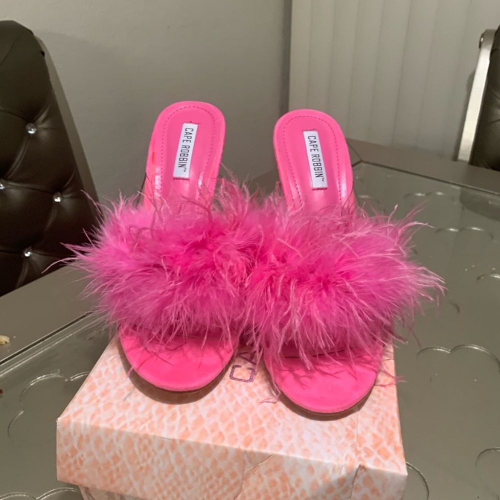 Pink fuzzy heels